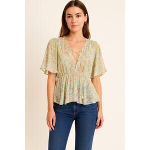 Zara Women’s Floral Lace Up Short Sleeve Blouse Smocked Back Multicolor Size S